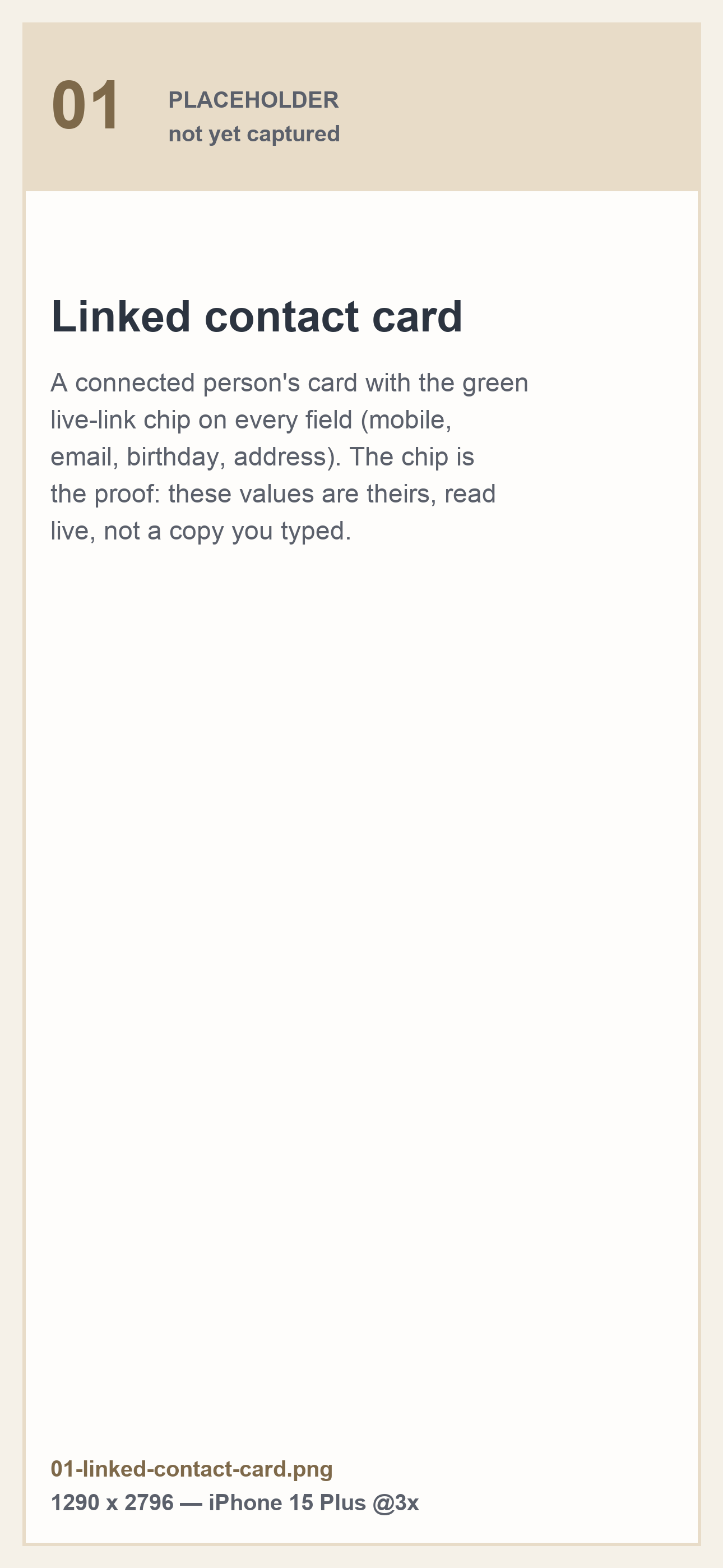 A contact card in Tether, every field marked as coming live from that person