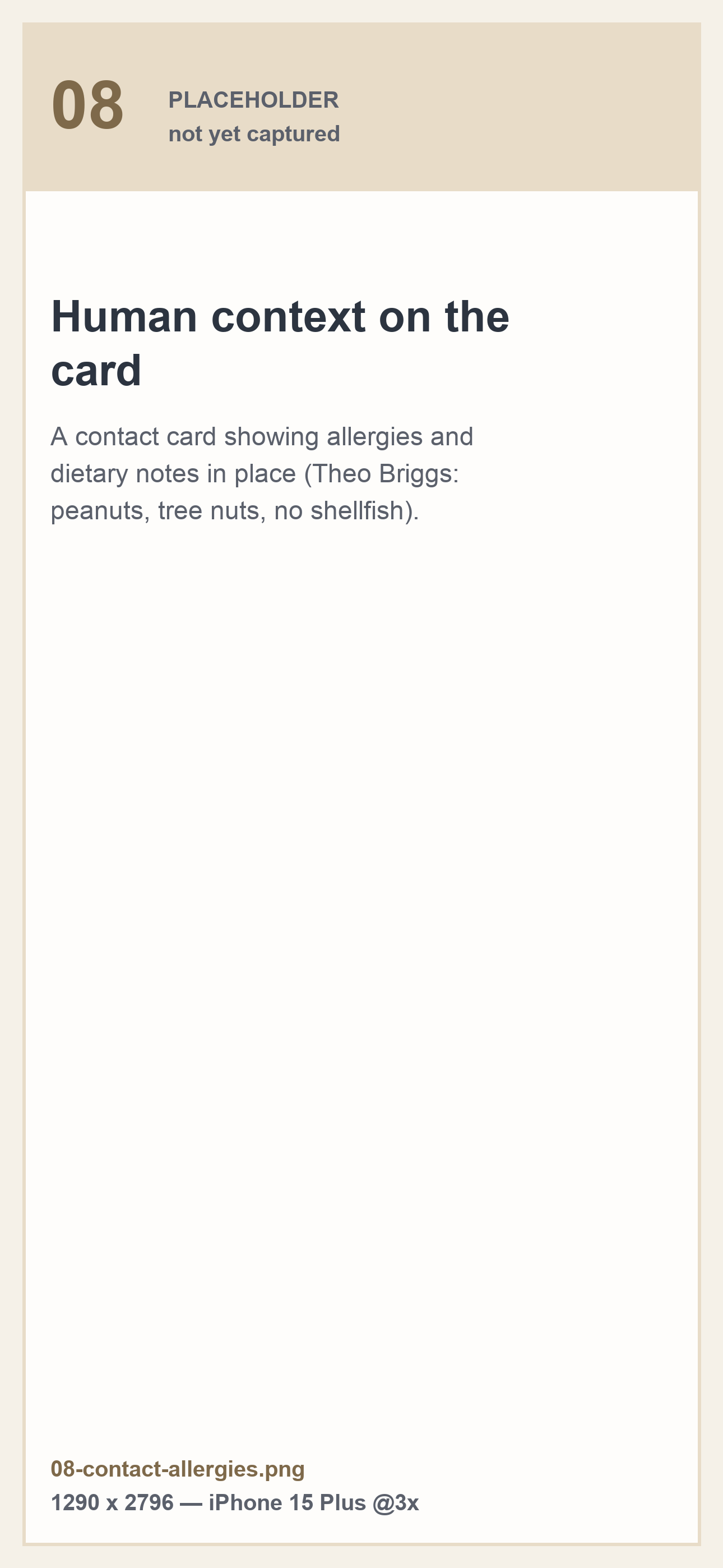 A contact card showing allergies and dietary notes
